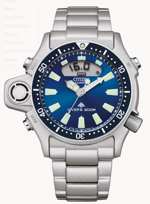 The Citizen Promaster JP2000-67L Marine Sea is a C520 caliber Quartz watch with dualtime, day/date display and stainless steel case.