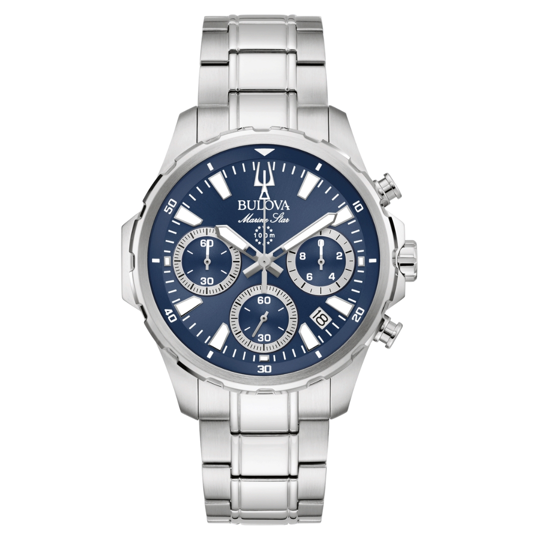 Bulova - Staal heren horloge met chronograaf, blauwe wijzerplaat, 100 meter WR, Saffierglas - 96B466