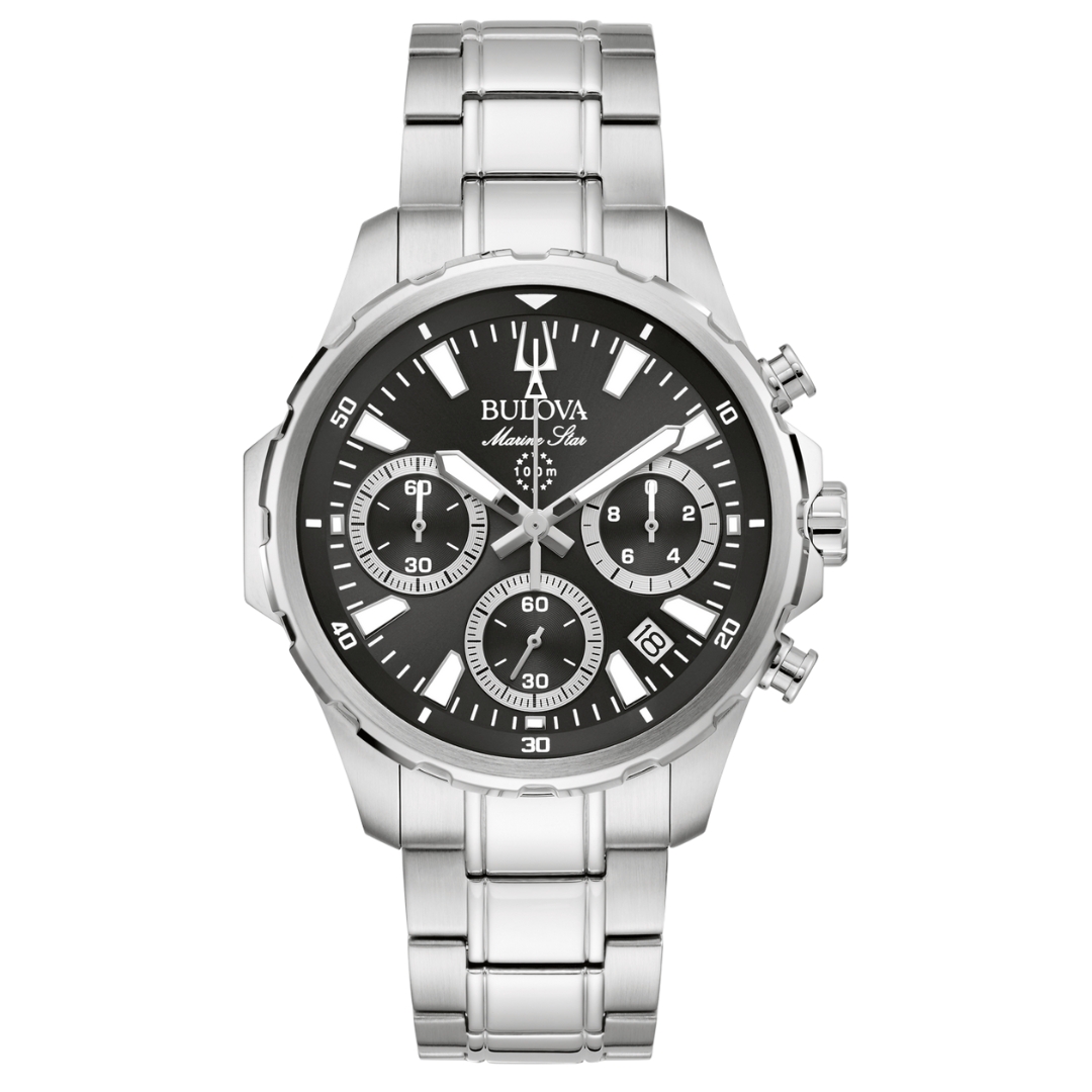Bulova - Staal heren horloge met chronograaf, zwarte wijzerplaat, 100 meter WR, Saffierglas - 96B467