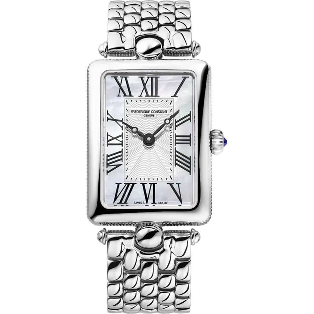 Dit Frédérique constant horloge behoort tot de Classics collectie.
Referentienummer: fc-200mpw2ac6b

Met een gepolijste rechthoekige kast en gecanneleerde band is het Classics Art Déco Carrée-model geïnspireerd op de verfijnde dames van eind jaren '20. De parelmoeren wijzerplaat is voorzien van Romeinse cijfers voor een compromisloos elegante touch.

Art Deco is de stijl die in de jaren '20 en '30 door de meest modieuze kringen raasde. De naam is afgeleid van de titel van de Parijse tentoonstelling van 1925, de 'Exposition des Arts Décoratifs'. De look was luxueus en weelderig, met afgeronde rondingen en hoeken, van binnen en van buiten, gebaseerd op geometrische vormen. De Frederique Constant Art Deco-collectie, gecreëerd in 2007, is een uitgebalanceerde combinatie van moderne materialen en vintage esthetiek die vrouwelijkheid viert door een klassiek en tijdloos ontwerp met minimalistische details.