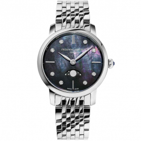 Dit Frederique Constant horloge behoort tot de Classics collectie.
Referentienummer: fc-206mpbd1s6b

Dit delicate Frederique Constant horloge is uitgerust met een Zwitsers quartz uurwerk. De stalen kast en band zijn gemaakt van edelstaal. De ronde kast is voorzien van een krasvrij saffierglas en heeft een diameter van 30MM. De donkere mother-of-pearl wijzerplaat is een subtiel samenspel van 8 fonkelende diamanten, guilloche en een elegante maanfase. Het horloge is getest op een waterdichtheid van 3 ATM / 30 M..

Fijnheid van de pols, fijnheid van het horloge: de Slimline Ladies is ontworpen om de zachte rondingen van de pols te benadrukken met harmonie en gevoeligheid. Een kostbare en eigentijdse collectie in de puurste geest van Frédérique Constant, waar de luxe horlogemaker Swiss Made toegankelijk blijft.

Met een delicate diameter van 30 mm legt de Slimline Ladies de essentie van Frederique Constant vast. Met een subtiel samenspel van diamanten, guilloche of parelmoer valt de Slimline Ladies op met gratie en elegantie.
