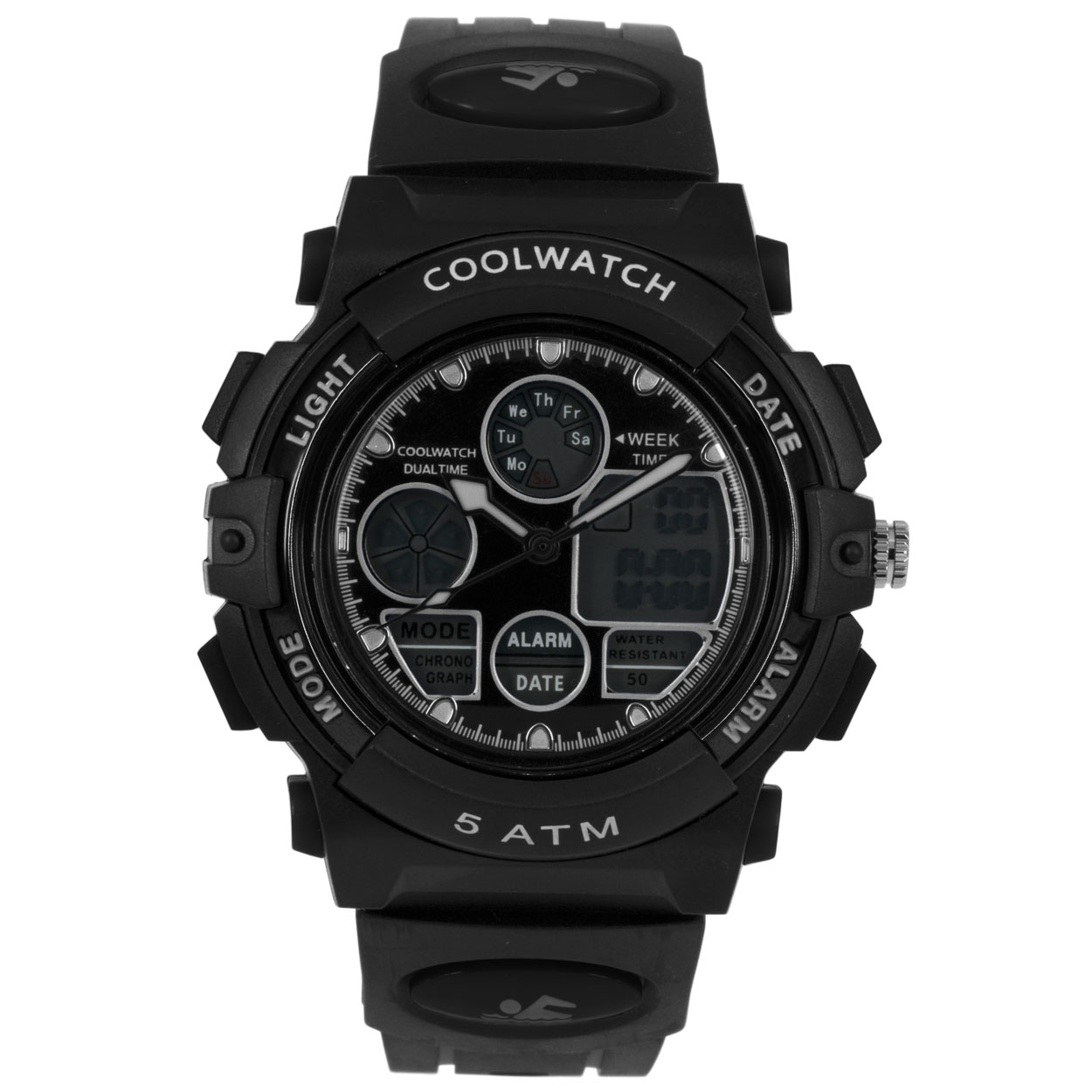Coolwatch horloge CW.384 digitaal kunststof 5 ATM 

Algemeen
Geslacht: jongens
Model: CW.384

Voordelen
- band plastic/silicone zwart/zwart
- analoge en digitale tijdsweergave
- wijzerplaat zwart met zilvere puntjes
- draagcomfort door licht gewicht
- spat waterdicht: handenwassen, regen
- quartz
- maat kast 43mm (breedte) 16,3mm (dikte)