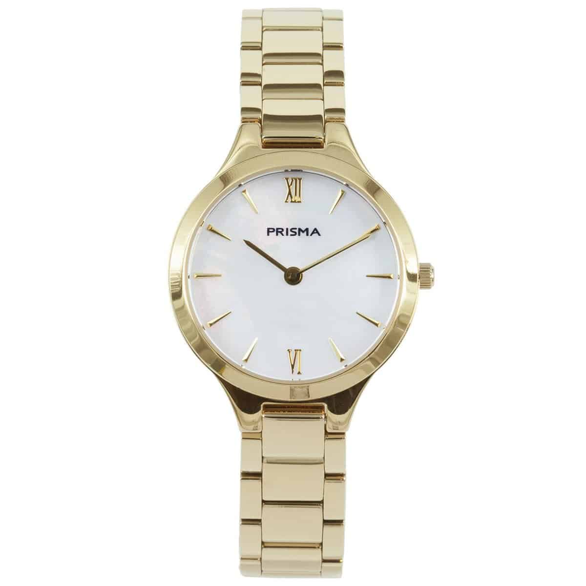 Prisma horloge P.1462 dames edelstaal 5 ATM 

Algemeen
Geslacht: dames
Model: P.1462

Voordelen
- band edelstaal goudkleurig
- wijzerplaat parelmoer met goudkleurig streepjes
- compacte sluiting met extra draagcomfort
- spat waterdicht: handenwassen, regen
- quartz
- maat kast 28mm (breedte) 6,5mm (dikte)