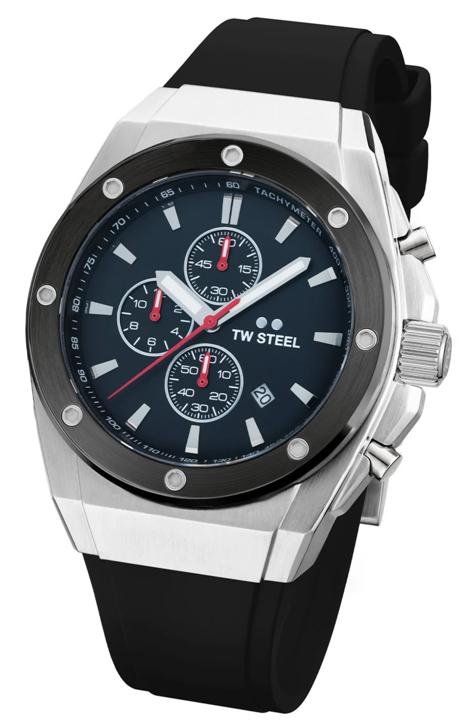 The TW Steel TWCE4104 CEO Tech is a chic chronograph with a silver-coloured case that has a diameter of 44 millimetres. This men's watch has toughened mineral glass and a polished screw-down crown. Attached to the case is a black silicone strap with steel buckle closure. The TWCE4104 has a global warranty of 2 years and it is water resistant 100 metres, you can swim and snorkel with it. Also handy: the hands have lumibrite luminous hands so you can read this TW Steel even in the dark.