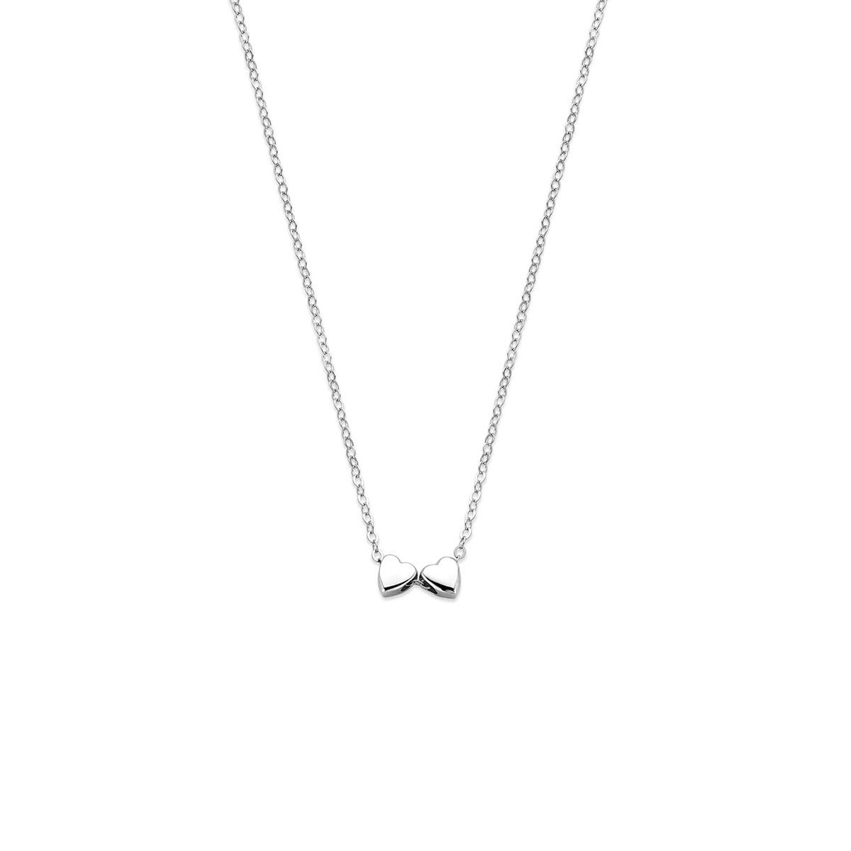 Gerhodineerd 925 zilveren collier uitgevoerd met 2 hartjes. Het collier heeft een draaglengte van 41cm met 4cm extensie.
