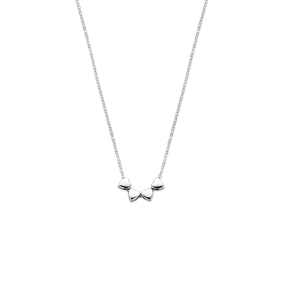Gerhodineerd 925 zilveren collier uitgevoerd met 4 hartjes. Het collier heeft een draaglengte van 41cm en een extensie van 4cm.