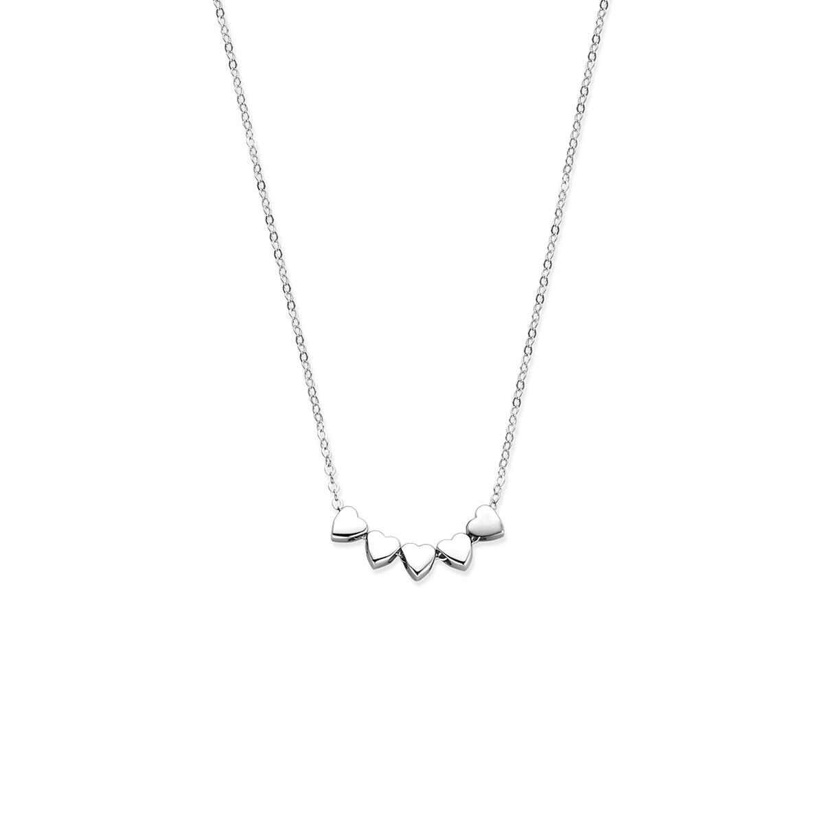Gerhodineerd 925 zilveren collier uitgevoerd met 5 hartjes. Het collier heeft een draaglengte van 41cm met 4cm extensie.