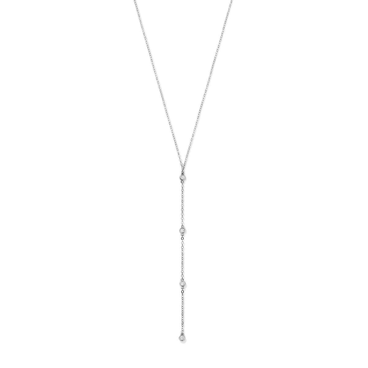 Gerhodineerd 925 zilveren y collier uitgevoerd met zirkonia. Het collier heeft een draaglengte van 41cm met 4cm extensie.