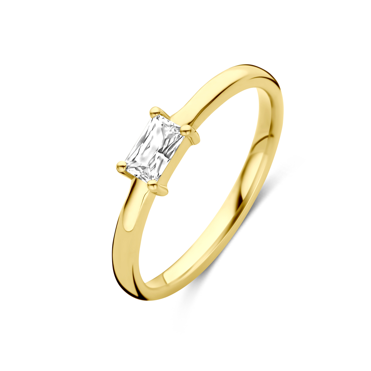 14k Geelgouden ring uitgevoerd met zirkonia. De ring heeft een breedte van 4mm.