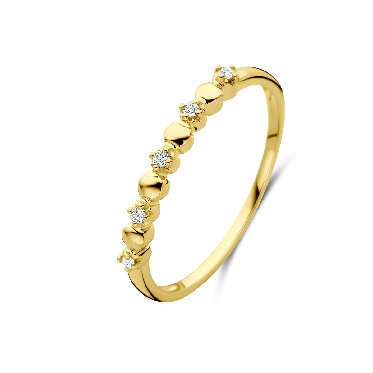 14k Geelgouden ring uitgevoerd met diamant. De ring heeft een breedte van 2mm en het totale diamantgewicht is 0.05ct.