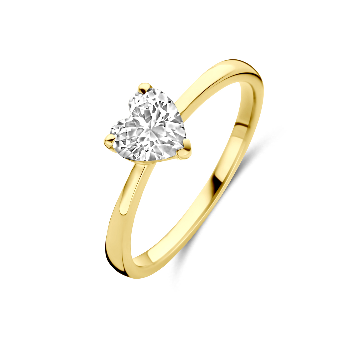 14k Geelgouden ring uitgevoerd in de vorm van een hart van zirkonia. De ring heeft een breedte van 6mm.
