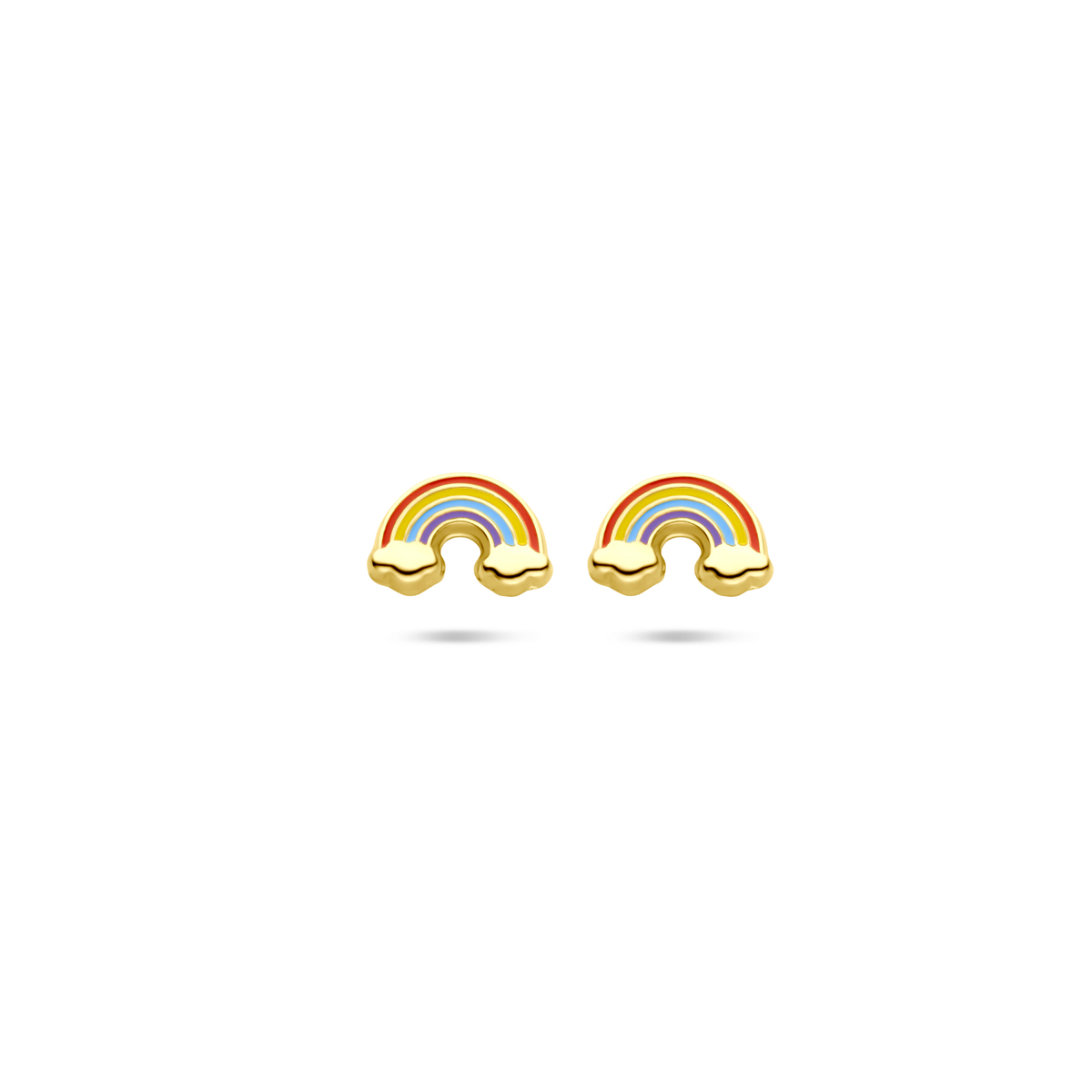 14k Geelgouden oorknoppen uitgevoerd met een regenboog. De oorknoppen hebben een afmeting van 5.5x8mm.