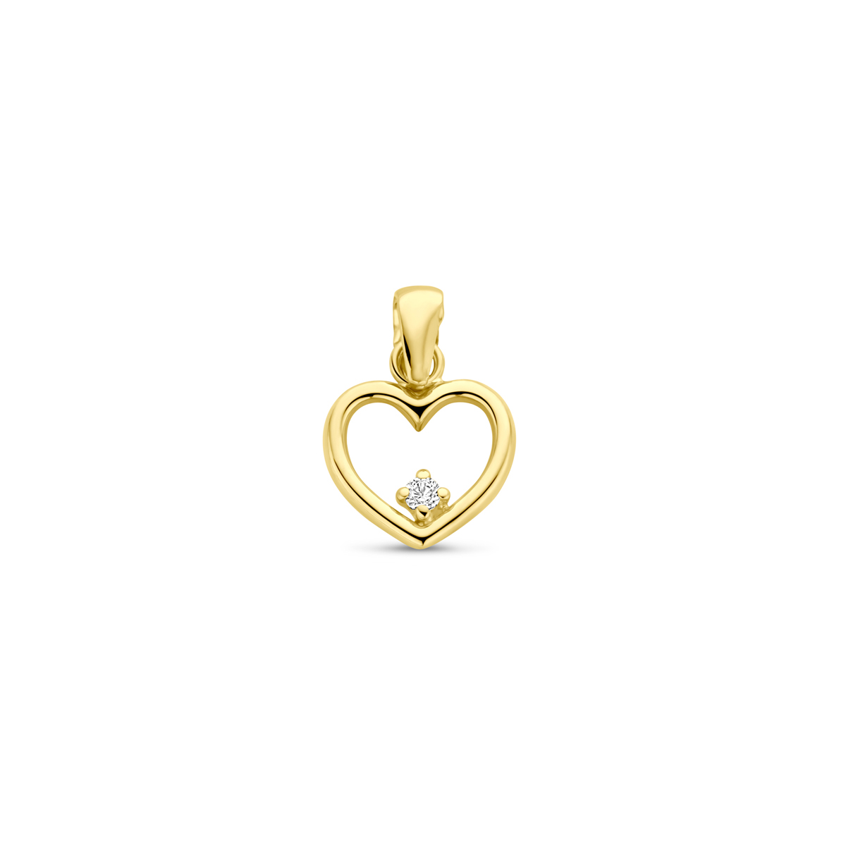 14k Geelgouden hanger uitgevoerd met een hartje en zirkonia. De hanger heeft een totale hoogte van 13mm.