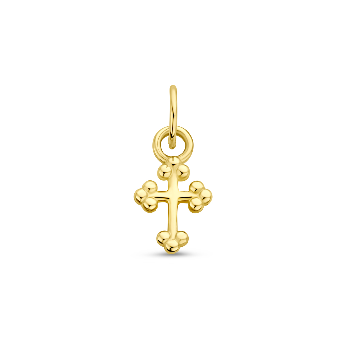 14k Geelgouden hanger uitgevoerd in de vorm van een kruis. De hanger heeft een totale hoogte van 12mm.