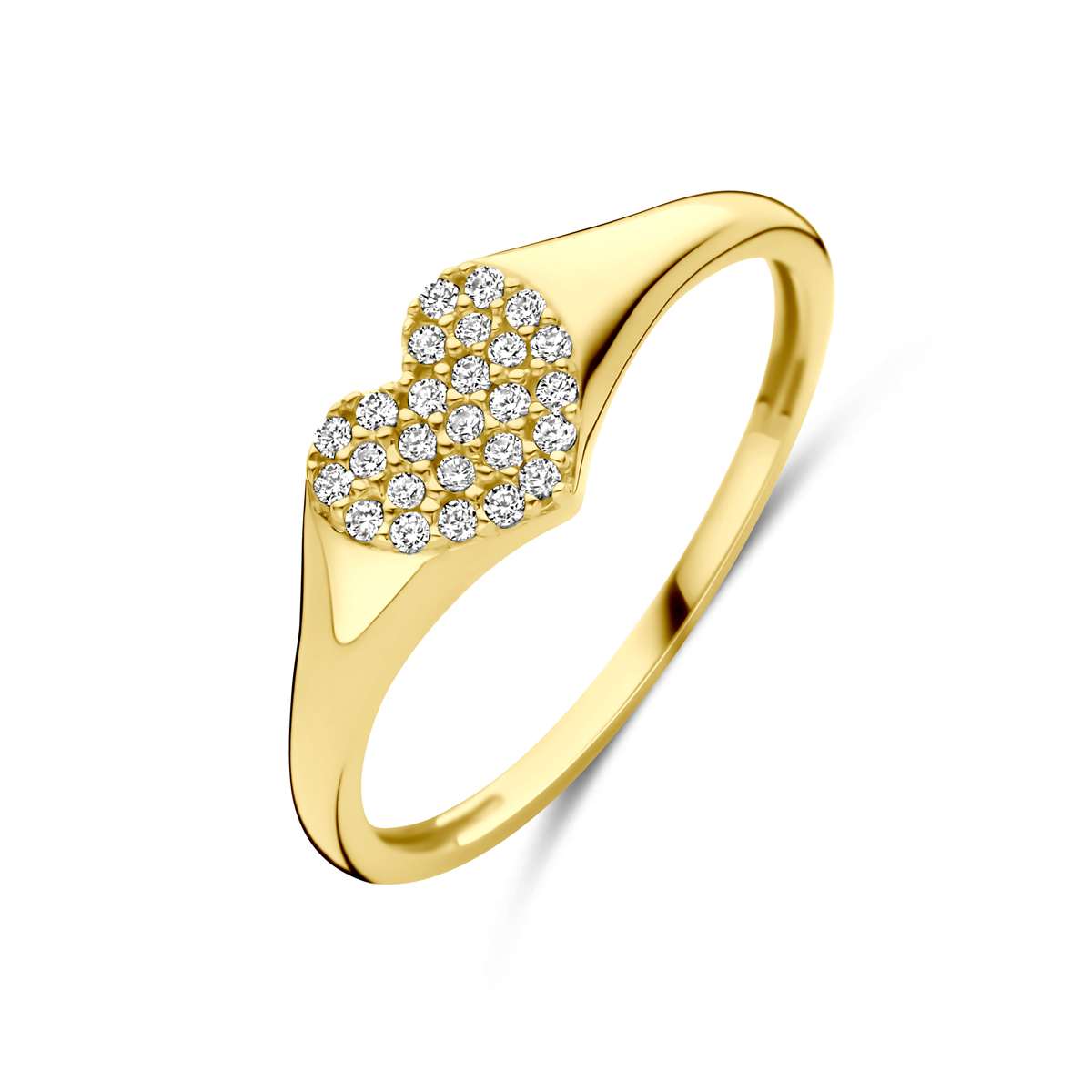 14k Geelgouden ring uitgevoerd in de vorm van een hart van zirkonia. De ring heeft een breedte van 6mm.