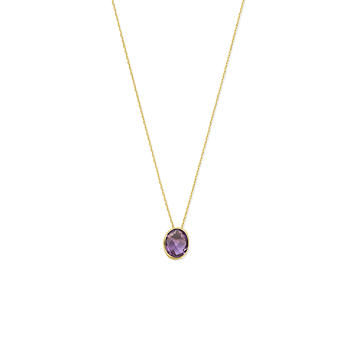 14k Geelgouden collier met amethist. Het collier heeft draaglengtes van 41 - 43 - 45 cm. De schakelbreedte is 0.7mm en is uitgevoerd met een karabijnsluiting.