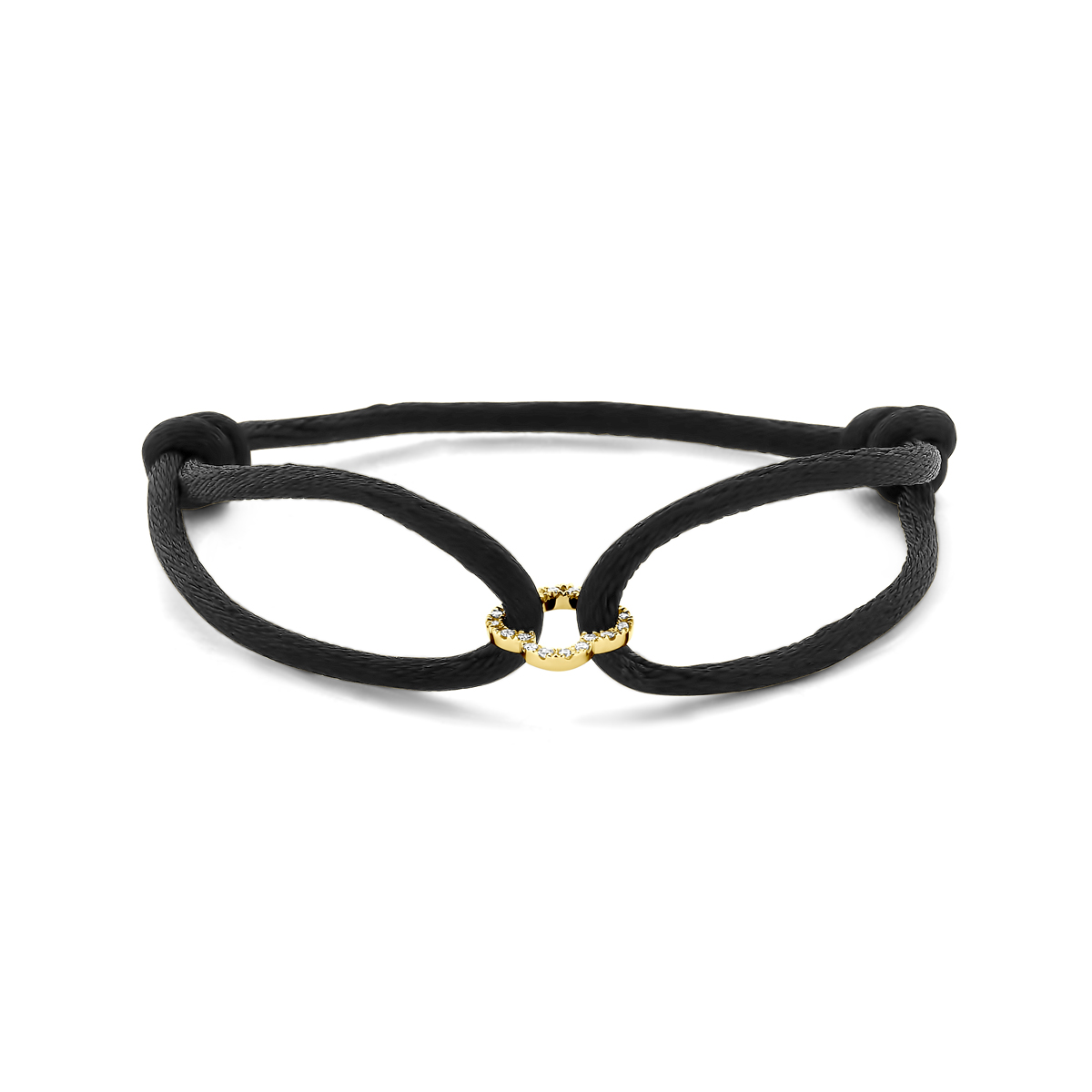 Zwart gevlochten armband uitgevoerd met een 14k geelgouden bloem met diamant. De bloem heeft een diameter van 10.5mm. De armband heeft draaglengtes van 13 tot 26cm. Het totale diamantgewicht is 0.12ct.