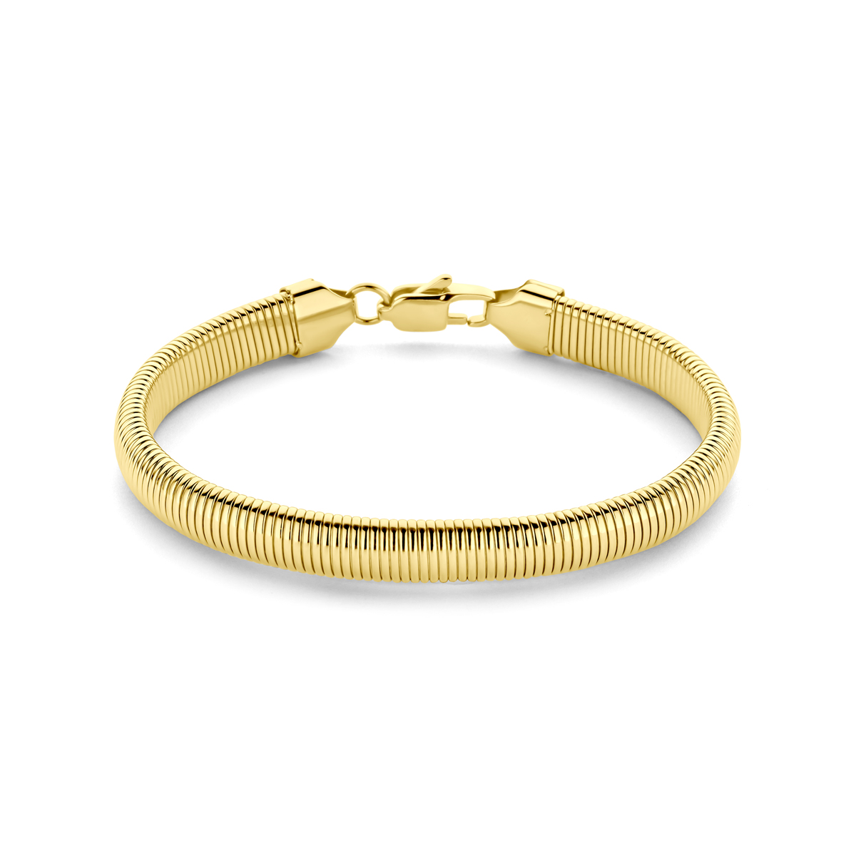 Stalen armband met een schakelbreedte van 8mm en een draaglengte van 19cm. De armband heeft een geel gekleurde ion plating en is uitgevoerd met karabijnsluiting.