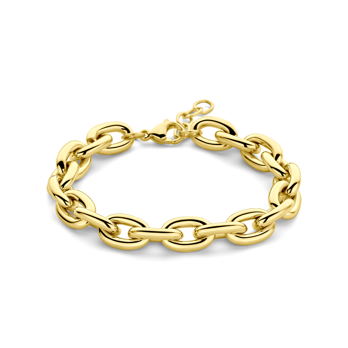Stalen armband met een draaglengte van 18cm met 2cm extensie. De armband heeft een geel gekleurde ion plating en is uitgevoerd met karabijnsluiting.