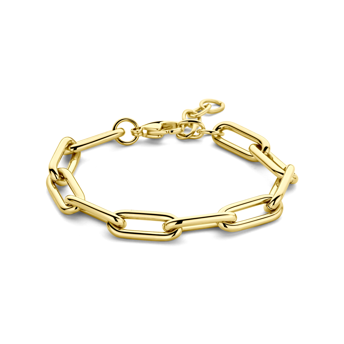 Stalen armband met een schakelbreedte van 8mm en een draaglengte van 17cm met 3cm extensie. De armband heeft een geel gekleurde ion plating en is uitgevoerd met karabijnsluiting.