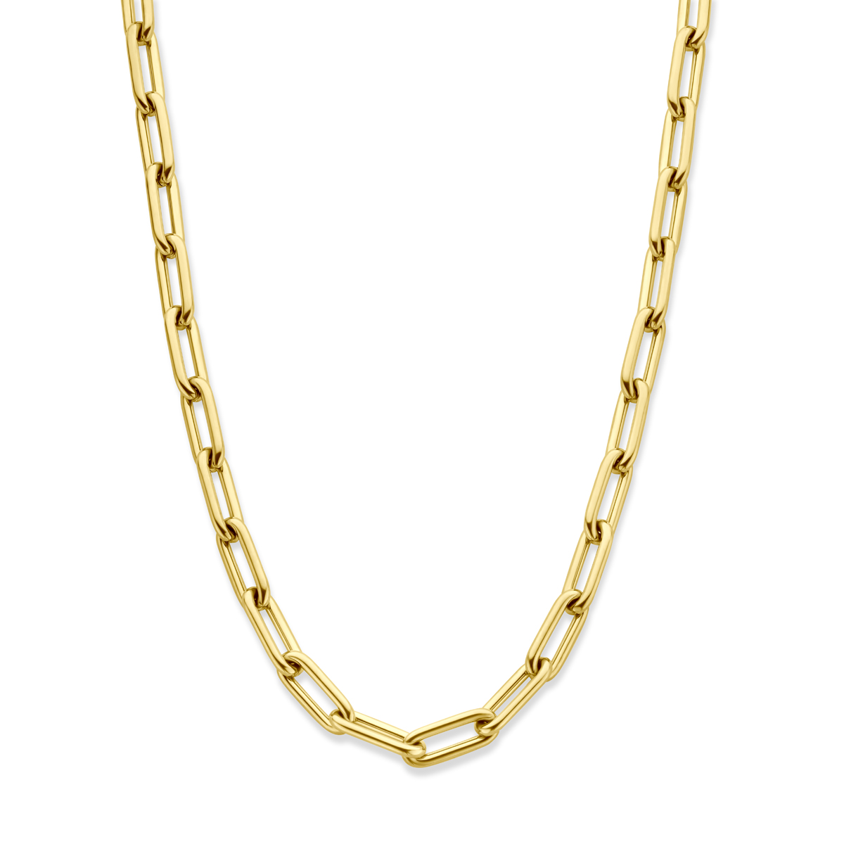 Stalen collier met een schakelbreedte van 8mm en een draaglengte van 44.5cm met 5cm extensie. Het collier heeft een geel gekleurde ion plating en is uitgevoerd met karabijnsluiting.