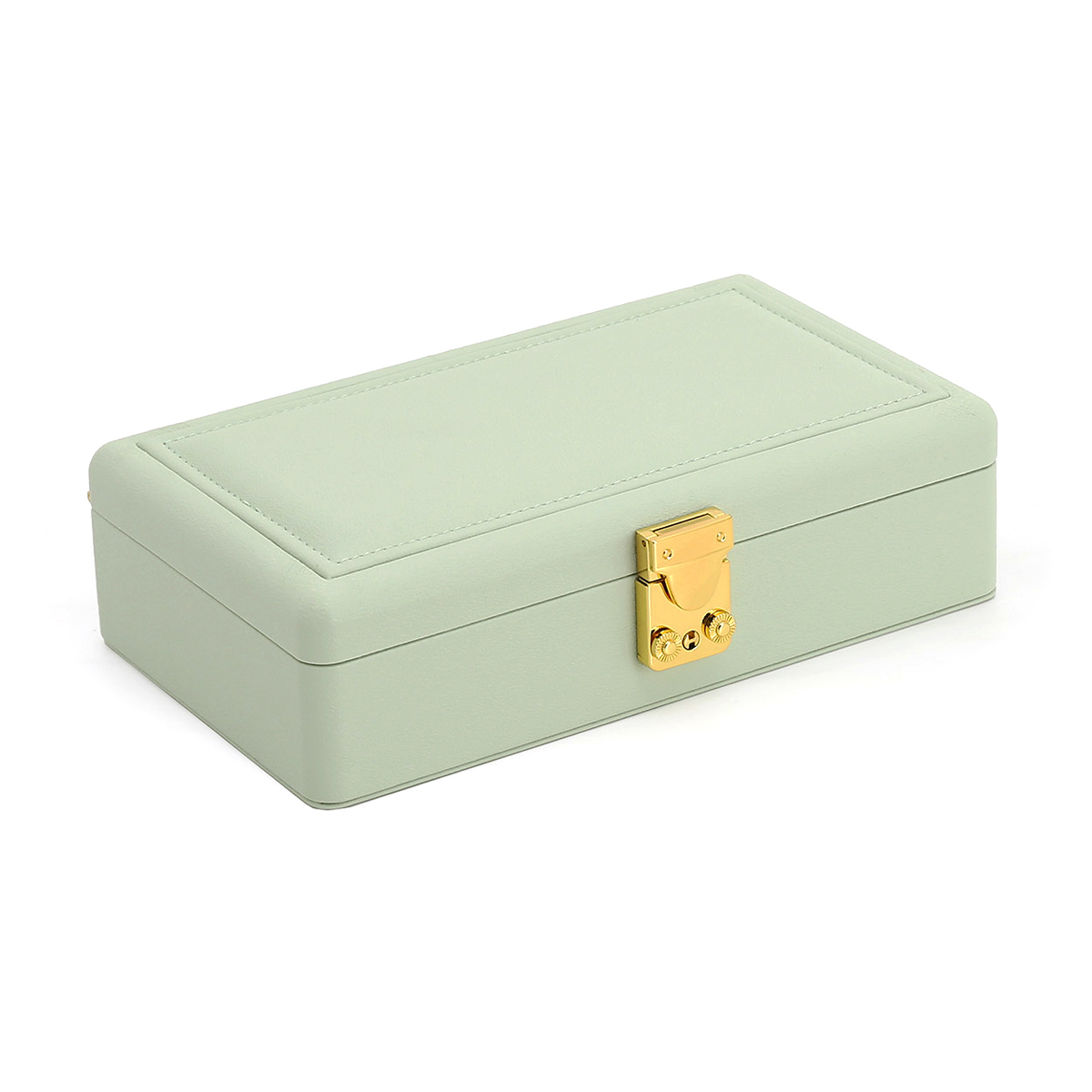 Luxe sieradenbox in de kleur mint groen uitgevoerd met een gele sluiting en scharnieren. De binnenkant is voorzien van een hang gedeelte en verschillende vakjes. Een compacte box om verschillende sieraden in op te bergen.