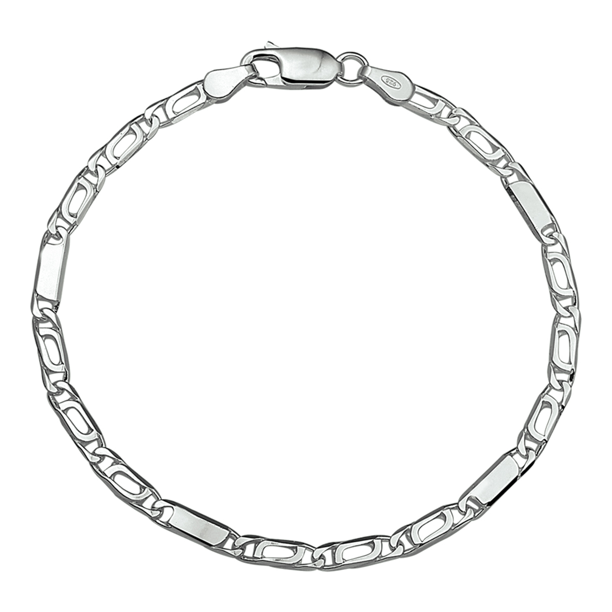 Zilveren armband met valkenoog- en tussenschakel.
Breedte: 2.9 mm
Lengte: 18 cm
