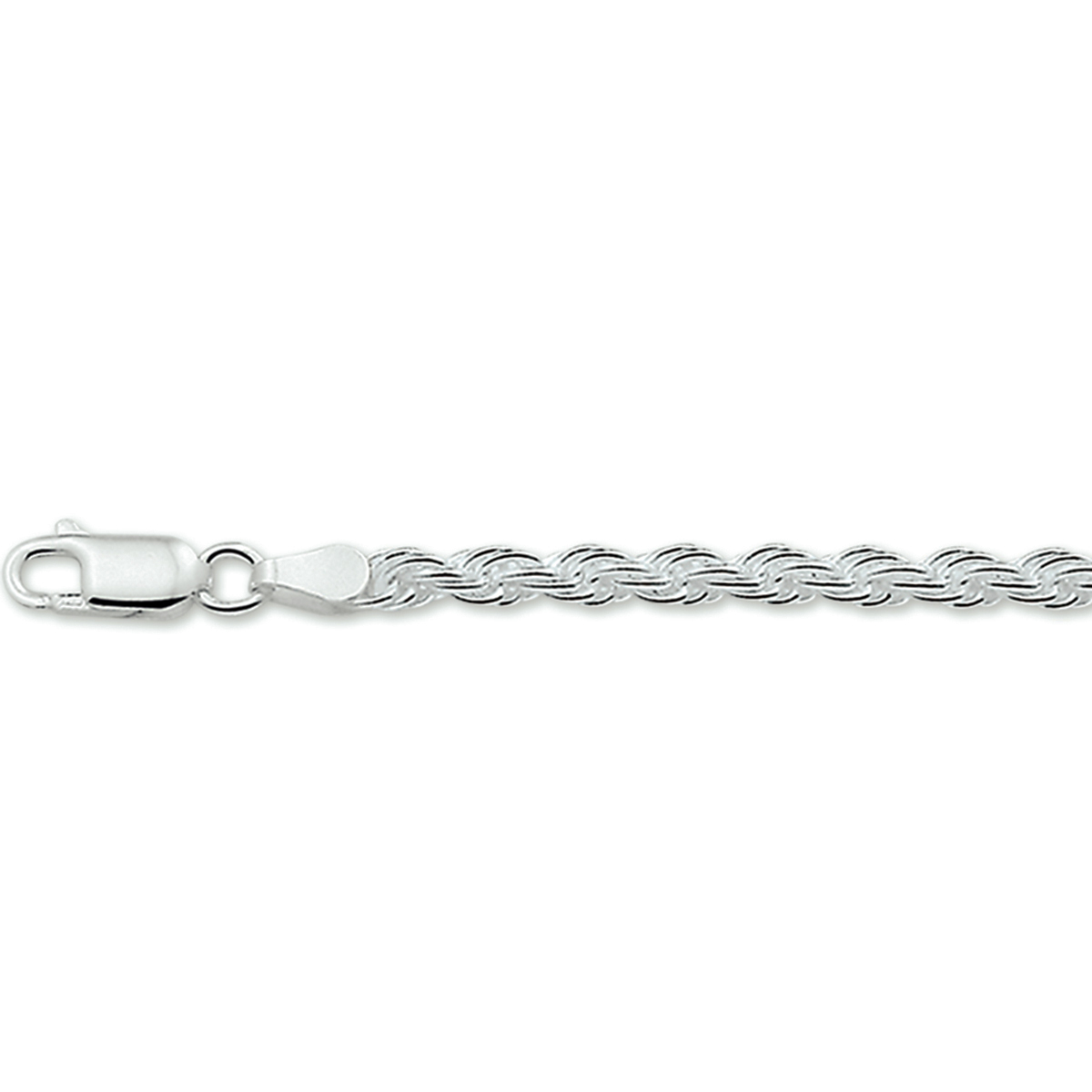 Zilveren lengte artikel met koord schakel. De schakelbreedte is 3.5mm.
