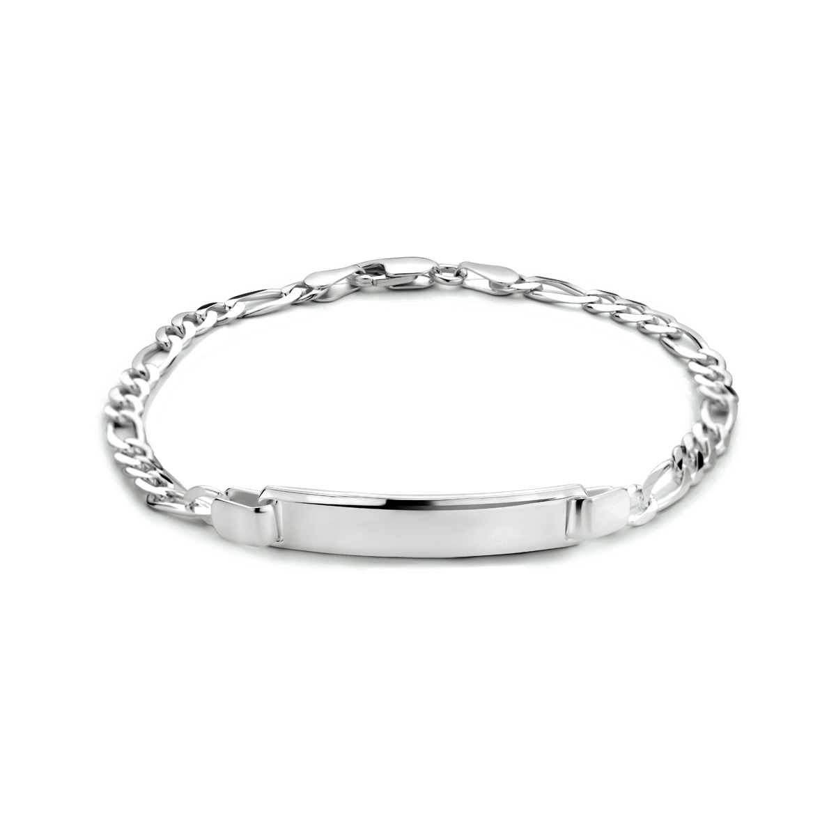 925 zilveren graveerarmband uitgevoerd met een figaro schakel en een graveerplaatje. De armband heeft een draaglengte van 19cm en een stevige karabijn sluiting. Het graveerplaatje heeft een afmeting van 6x30mm.