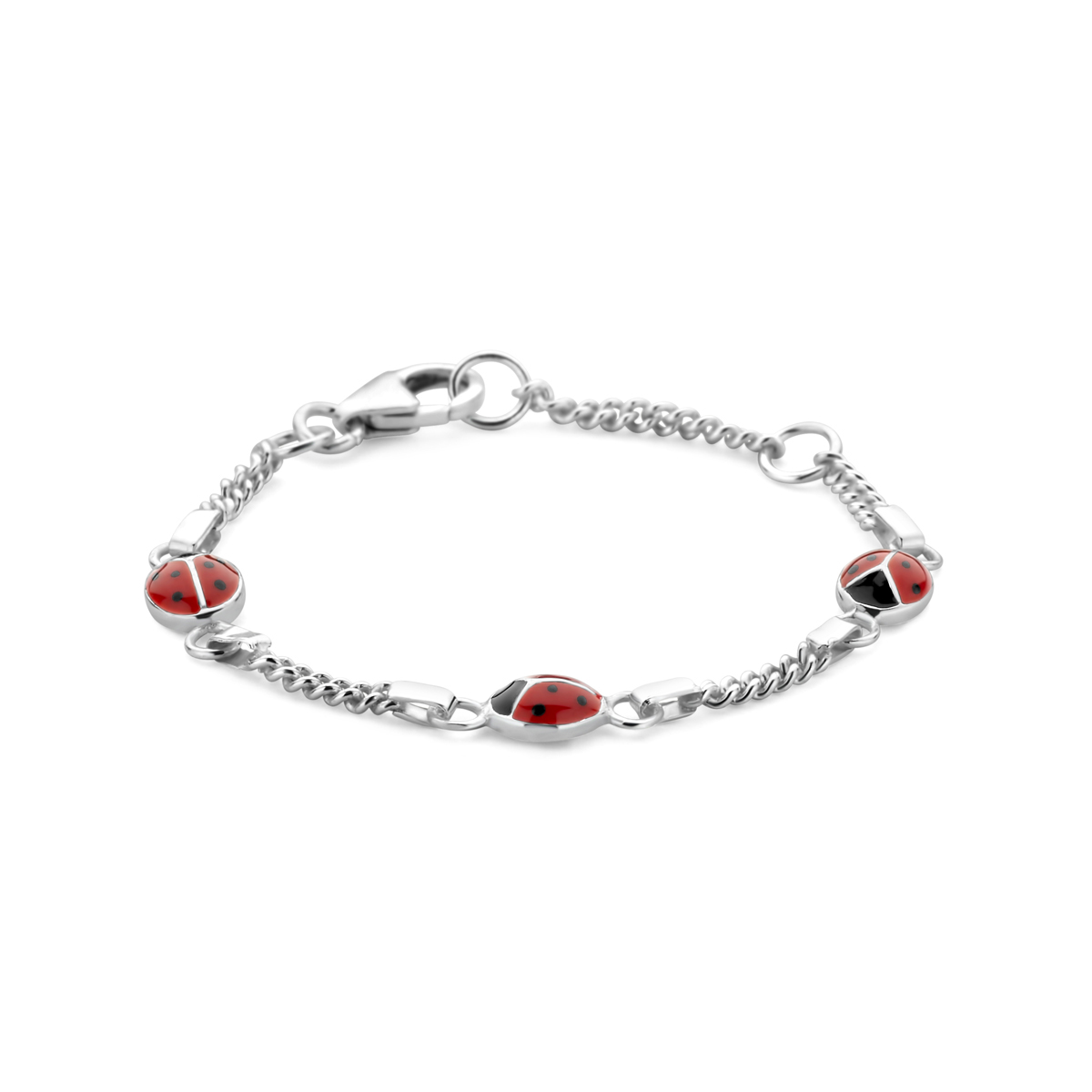 925 Zilveren armband uitgevoerd met 3 lieveheersbeestjes en een karabijn sluiting.