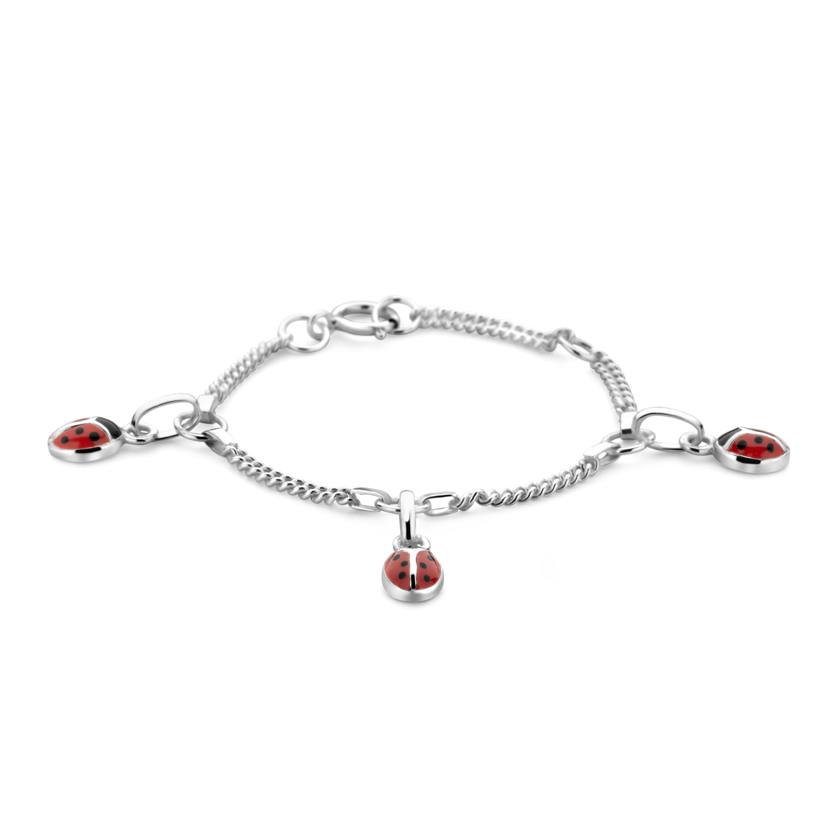 925 Zilveren armband uitgevoerd met 3 lieveheersbeestjes en een karabijn sluiting.