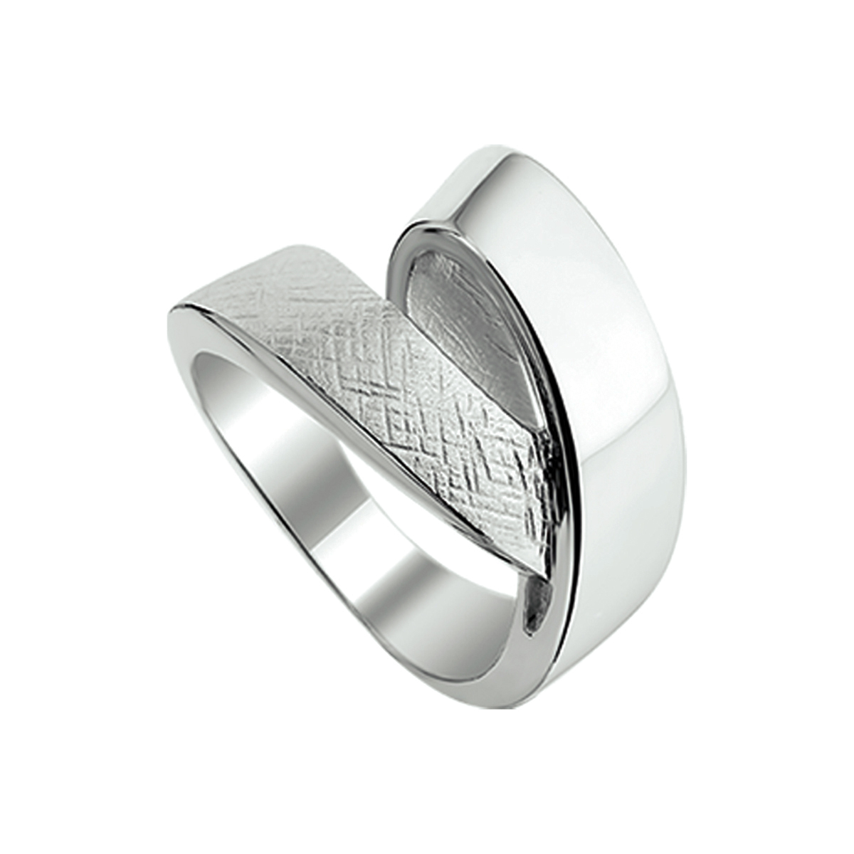 zilveren cross over fantasie ring glans en gescrathte combinatie.