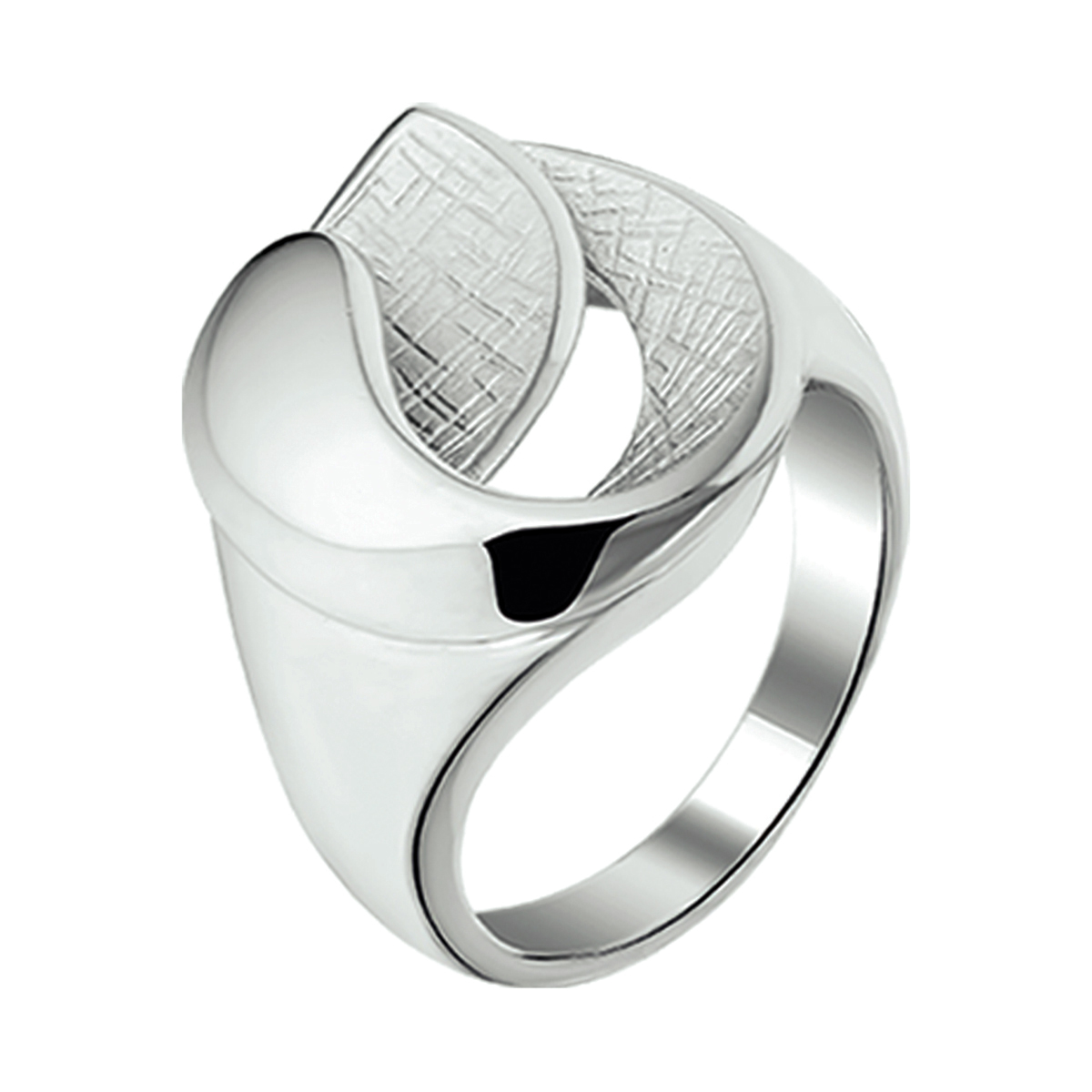Gerhodineerd zilveren ring met een poli en gescratchte afwerking.