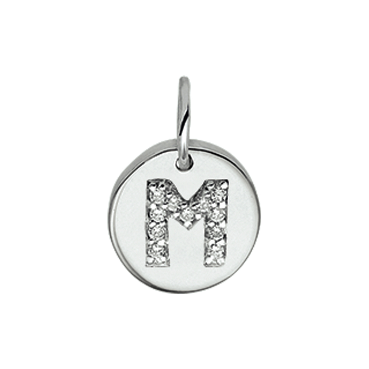 Beschrijving: Gerhodineerd zilveren bedel met de letter M en zirkonia. 
Uniekenummer serie: 35761
Verpakt per: 1
Doelgroep: unisex
Breedte: 9.5 mm
Zetting: entourage (rijzetting)
