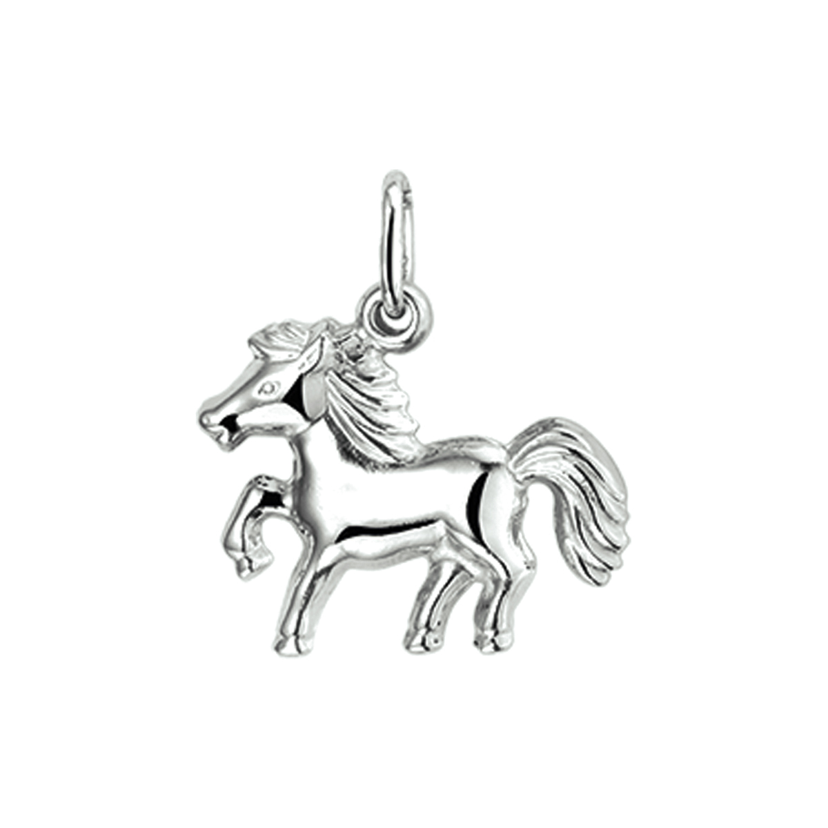 Zilveren hanger in de vorm van een paard.
Breedte: 16.5 mm
Hoogte: 15 mm