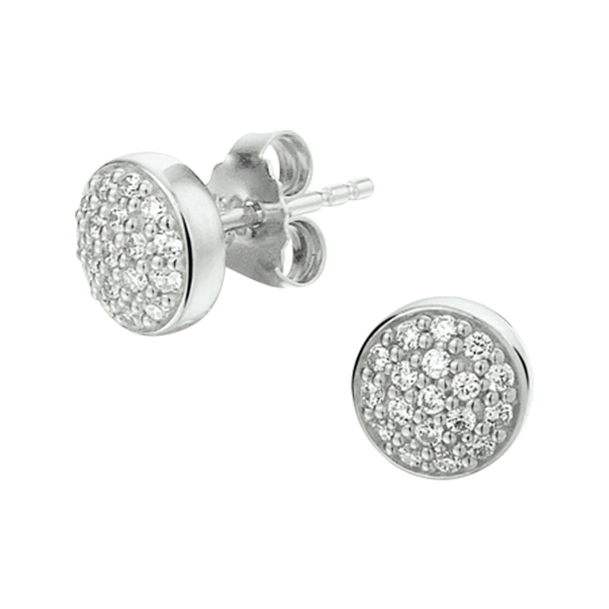 Gerhodineerd zilveren oorknoppen met een luxe pave van briljant geslepen zirkonia. De oorknoppen hebben een diameter van 7.5mm en een stevige pouchette sluiting.De oorknoppen zijn perfect te combineren met bijpassende sieraden uit onze collectie.