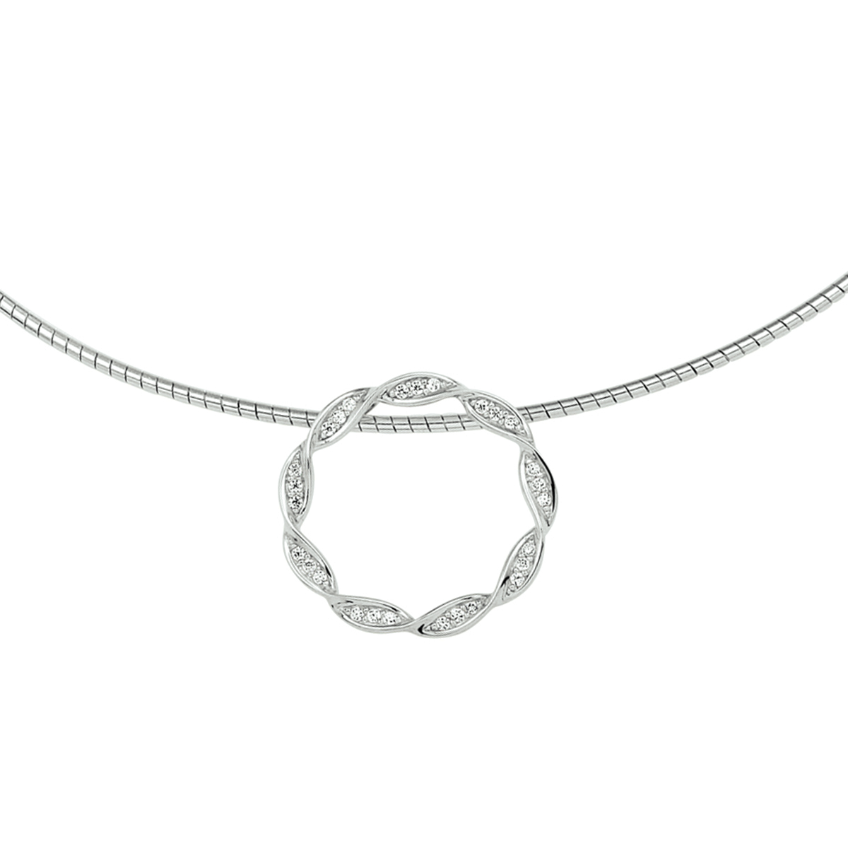 Gerhodineerd zilvern omega collier met ronde hanger bezet met zirkonia's.