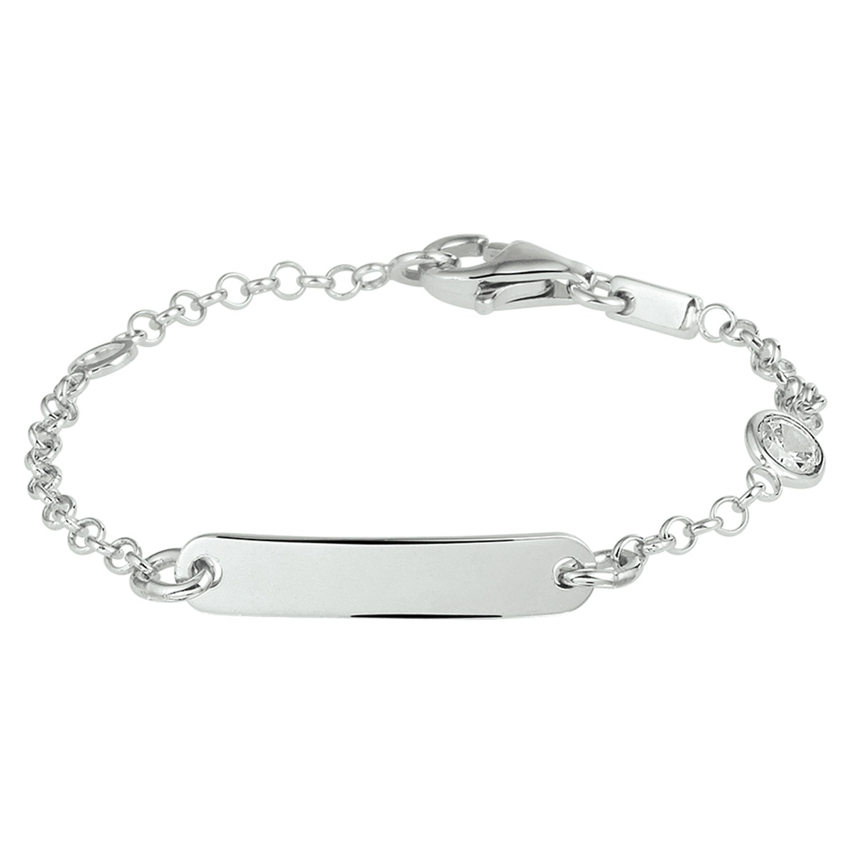 Beschrijving: Gerhodineerd zilveren kinder graveerarmband uitgevoerd met een plaat van 4x20mm, een karabijn sluiting en een heldere zirkonia. Info: Gerhodineerd zilver is door de rhodiumlaag beter bestand tegen verkleuren en krassen.