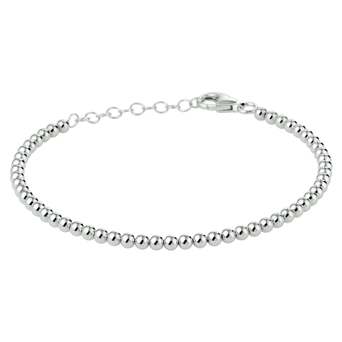 Trendy gerhodineerd zilveren armband met een draaglengte van 16cm en een extensie van 3cm. Uitgevoerd met bolletjes van 3mm in diameter en een stevige karabijn sluiting. Info: Gerhodineerd zilver is door de rhodiumlaag beter bestand tegen verkleuren en krassen.