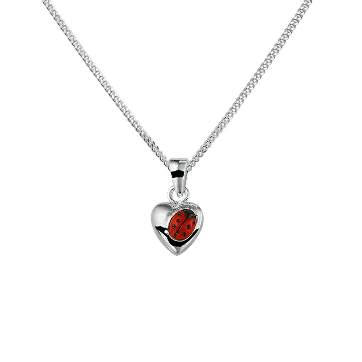 Collier met hartje lieveheersbeestje. De schakelbreedte is 1.4mm.