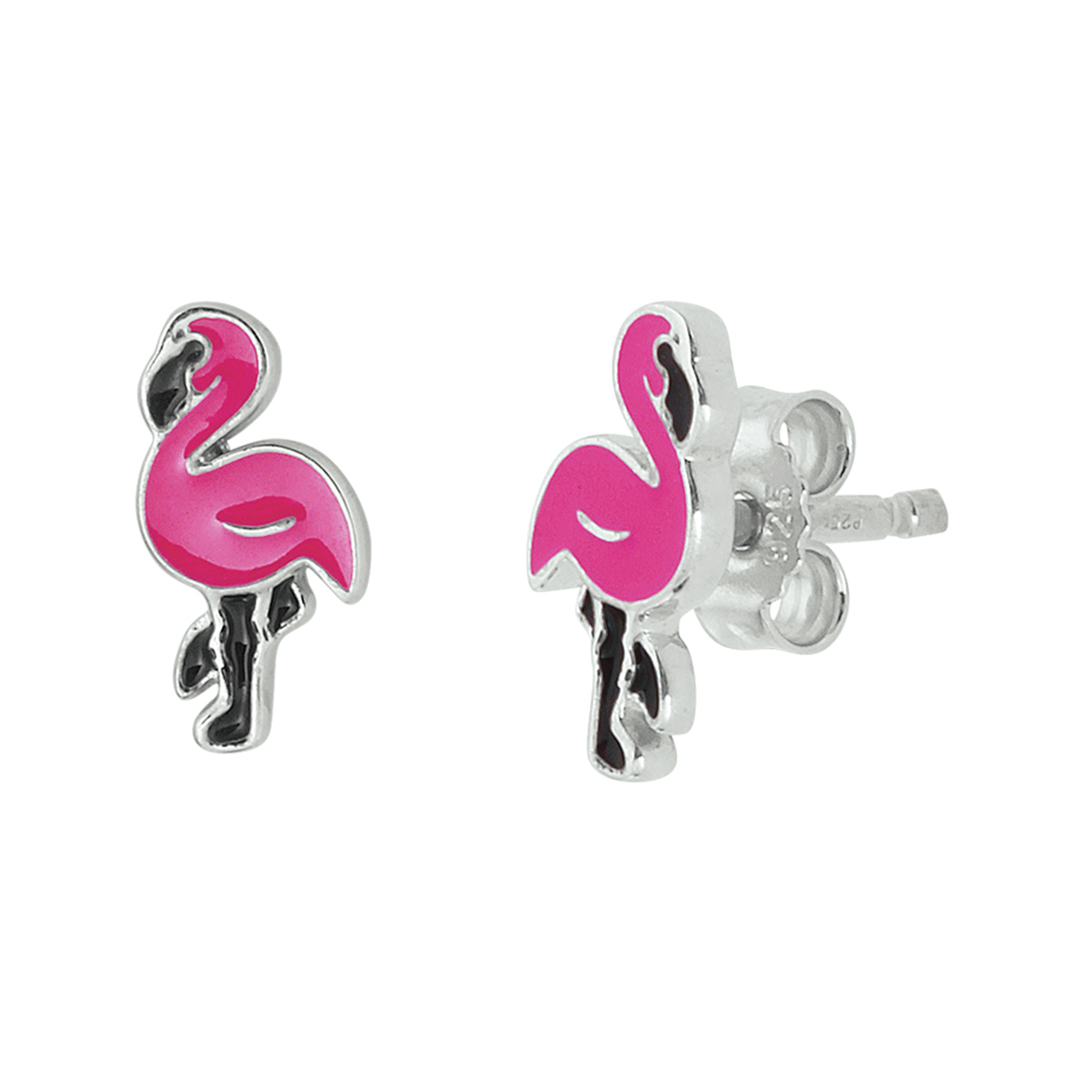 Gerhodineerd zilveren oorknoppen in de vorm van een flamingo uitgevoerd met emaille. De oorknoppen hebben een afmeting van 10x5mm.