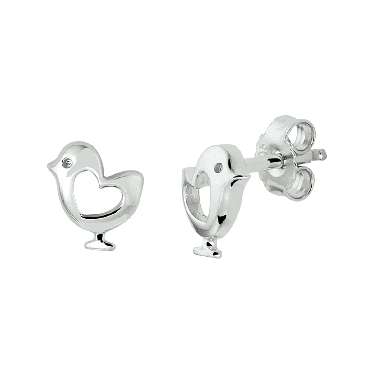 Gerhodineerd zilveren oorknoppen in de vorm van een vogel met een hartje. De oorknoppen hebben een afmeting van 7.5x6.5mm. Info: Gerhodineerd zilver is door de rhodiumlaag beter bestand tegen verkleuren en krassen.