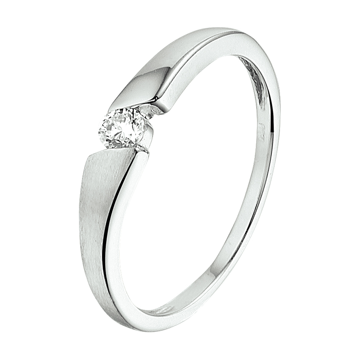 Gerhodineerd zilveren ring uitgevoerd met een heldere zirkonia. De ring heeft een poli/matte afwerking en een breedte van 3.5mm.