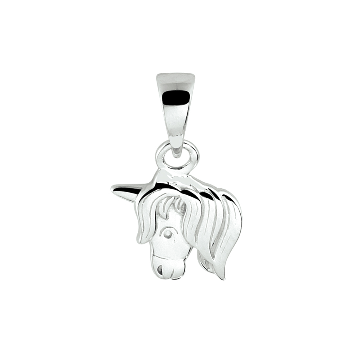 Gerhodineerd 925 zilveren hanger in de vorm van een paardenhoofd. De hanger heeft een afmeting van 11x7.5mm en een totale hoogte van 1.8cm.