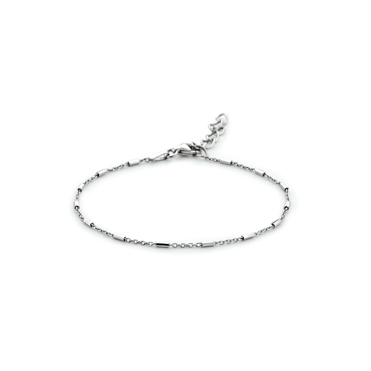 Gerhodineerd 925 zilveren armband uitgevoerd met buisjes van 1.3mm breed. De armband heeft een draaglengte van 16cm met een extensie van 3cm en een stevige karabijn sluiting.