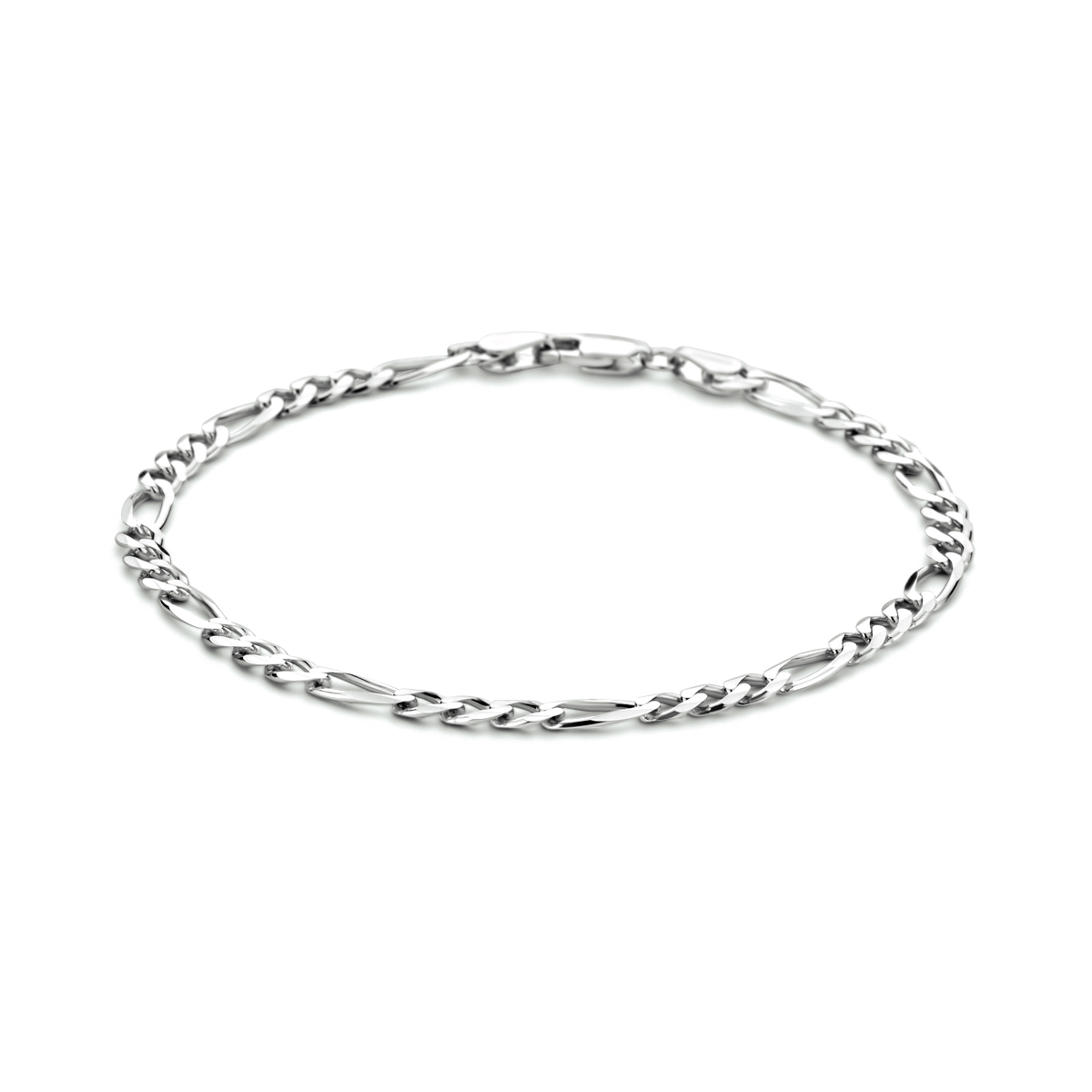 Gerhodineerd 925 zilveren figaro armband met een schakelbreedte van 4mm. De armband heeft een draaglengte van 20cm en een stevige karabijn sluiting.