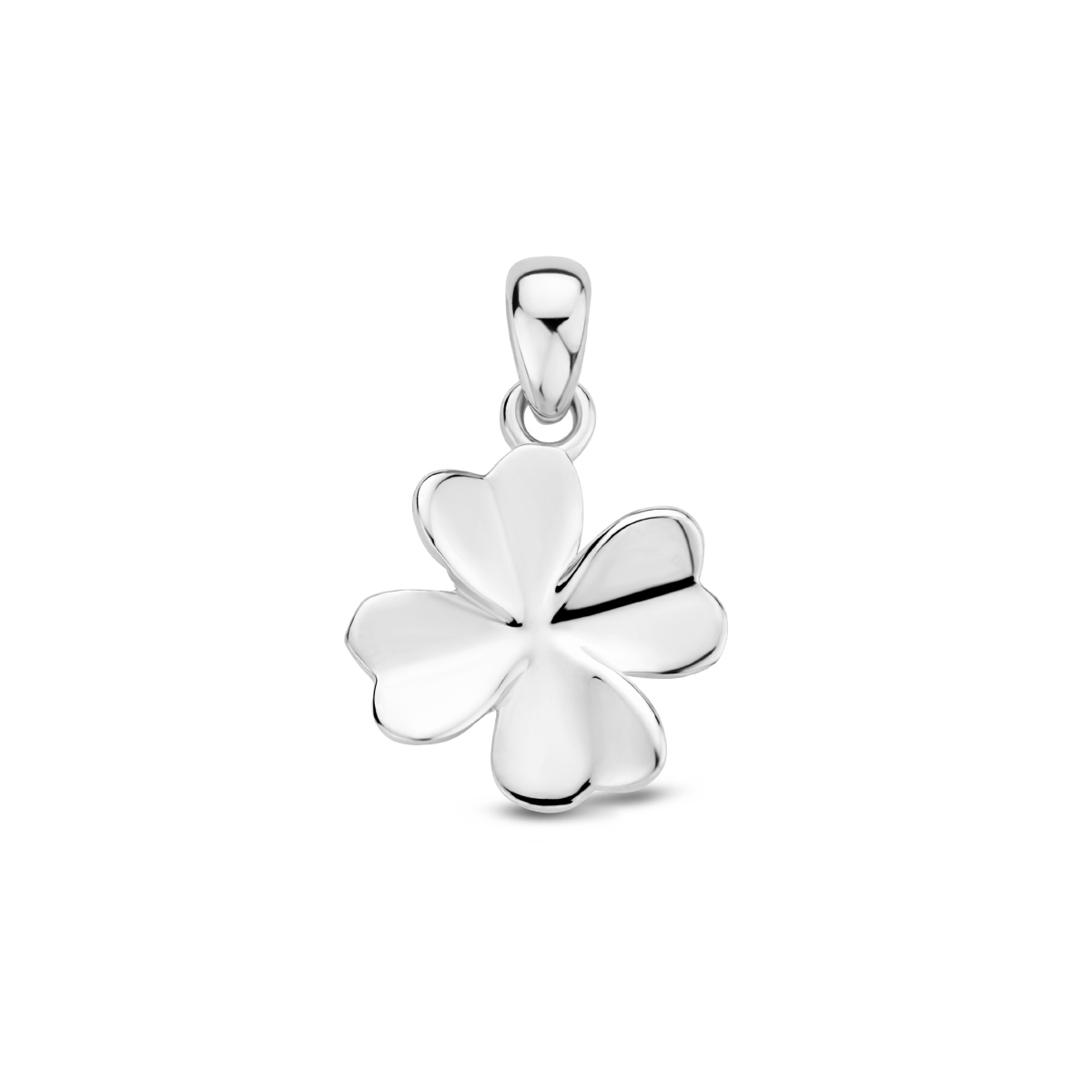 Gerhodineerd 925 zilveren hanger uitgevoerd in de vorm van een klavertje. De hanger heeft een totale hoogte van 1.8cm en een breedte van 12.2mm.