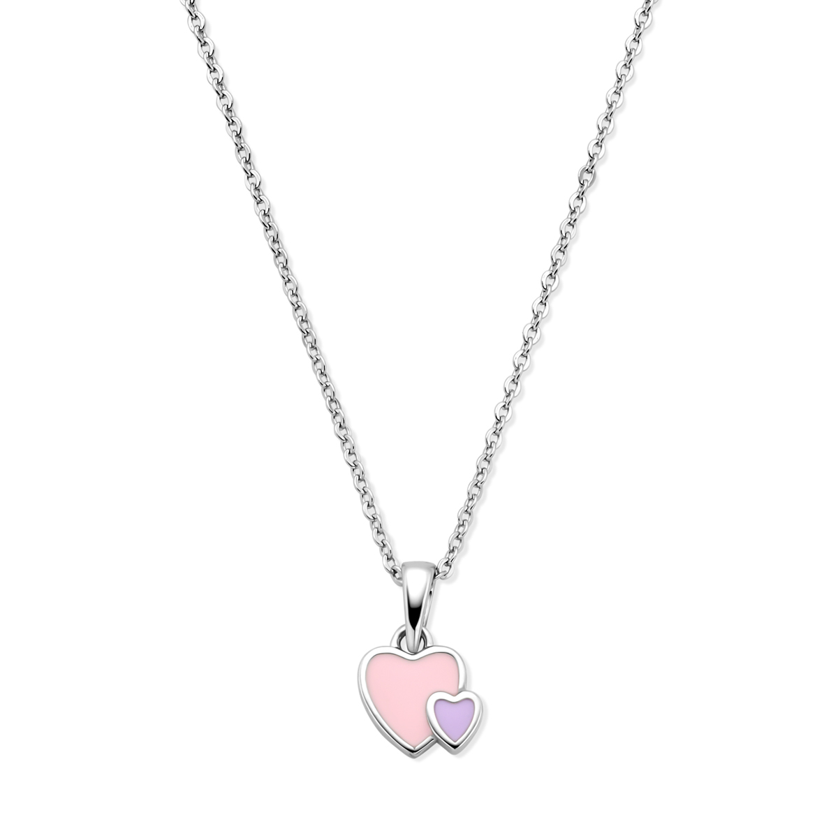 Gerhodineerd 925 zilveren collier met twee harten, met roze en paars emaille. Het collier heeft een draaglengte van 36cm met 4cm extensie. Uitgevoerd met een karabijn sluiting. Het collier heeft een schakelbreedte van 1.5mm.