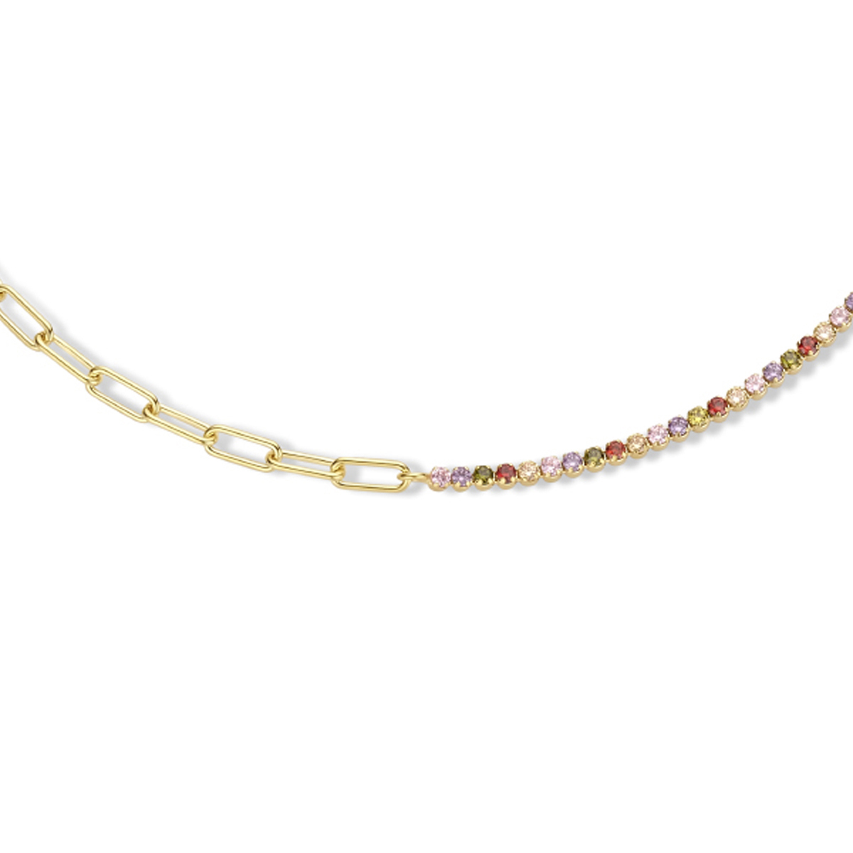 Verguld op 925 zilveren collier uitgevoerd met een paperclip schakel, gekleurd zirkonia en een karabijnsluiting. Het collier heeft een draaglengte van 40cm met een extensie van 5cm. De schakelbreedte is 3.6mm. Geen garantie op plating.