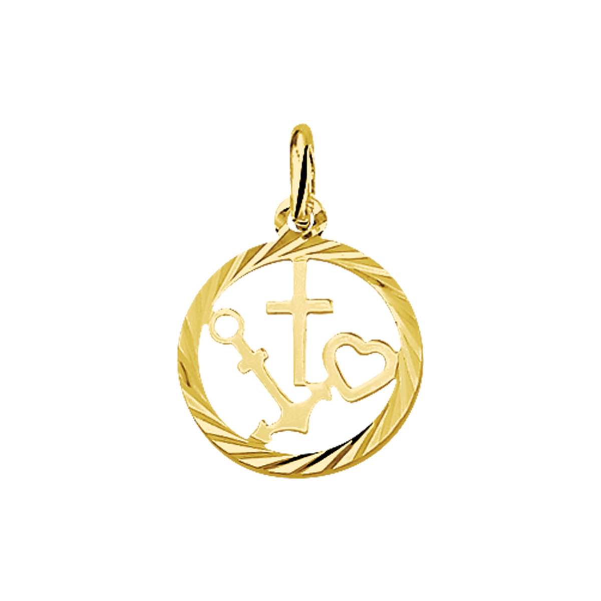 Geelgouden hanger met geloof hoop en liefde bedel en een gediamanteerde afwerking.